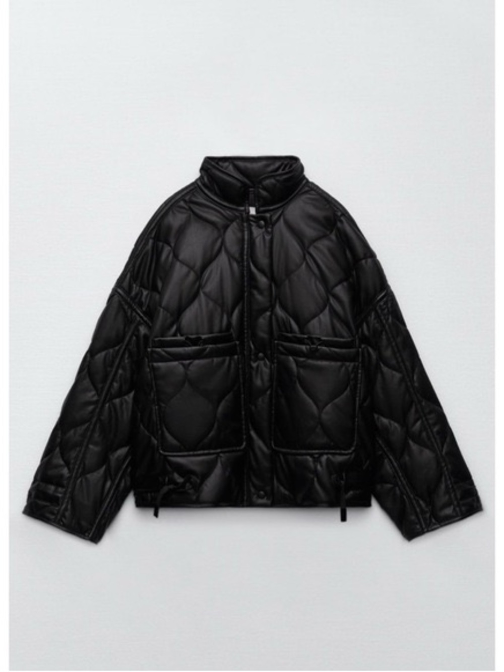 Zara Black Leather Quilted Boxy Puffer Jacket